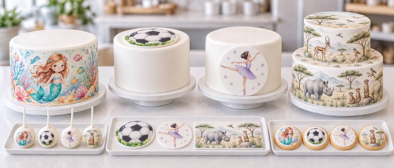 Cakes and cupcake toppers printed with mermaid, football, ballerina and safari designs