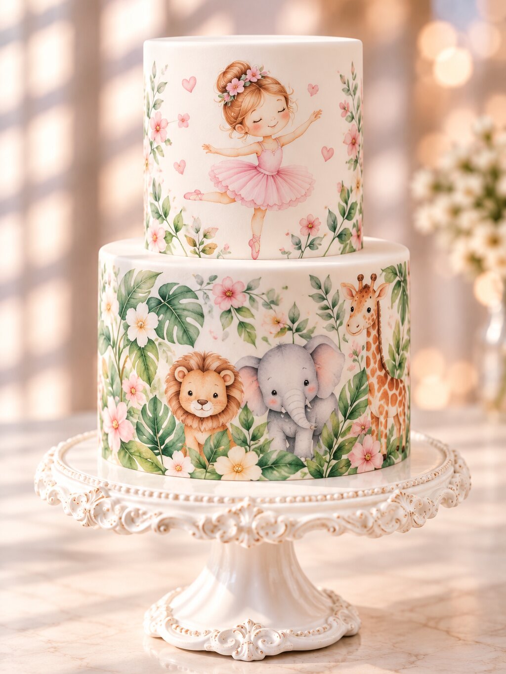 Two-tier celebration cake on a porcelain stand, printed with a ballerina and jungle animals